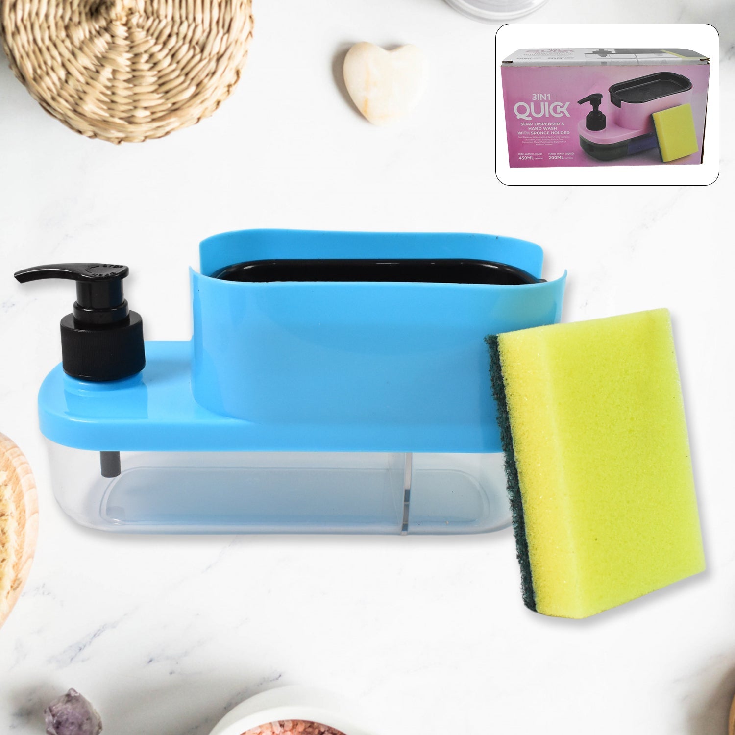 3-in-1 Soap Dispenser with sponge holder neatly placed on a modern kitchen sink.