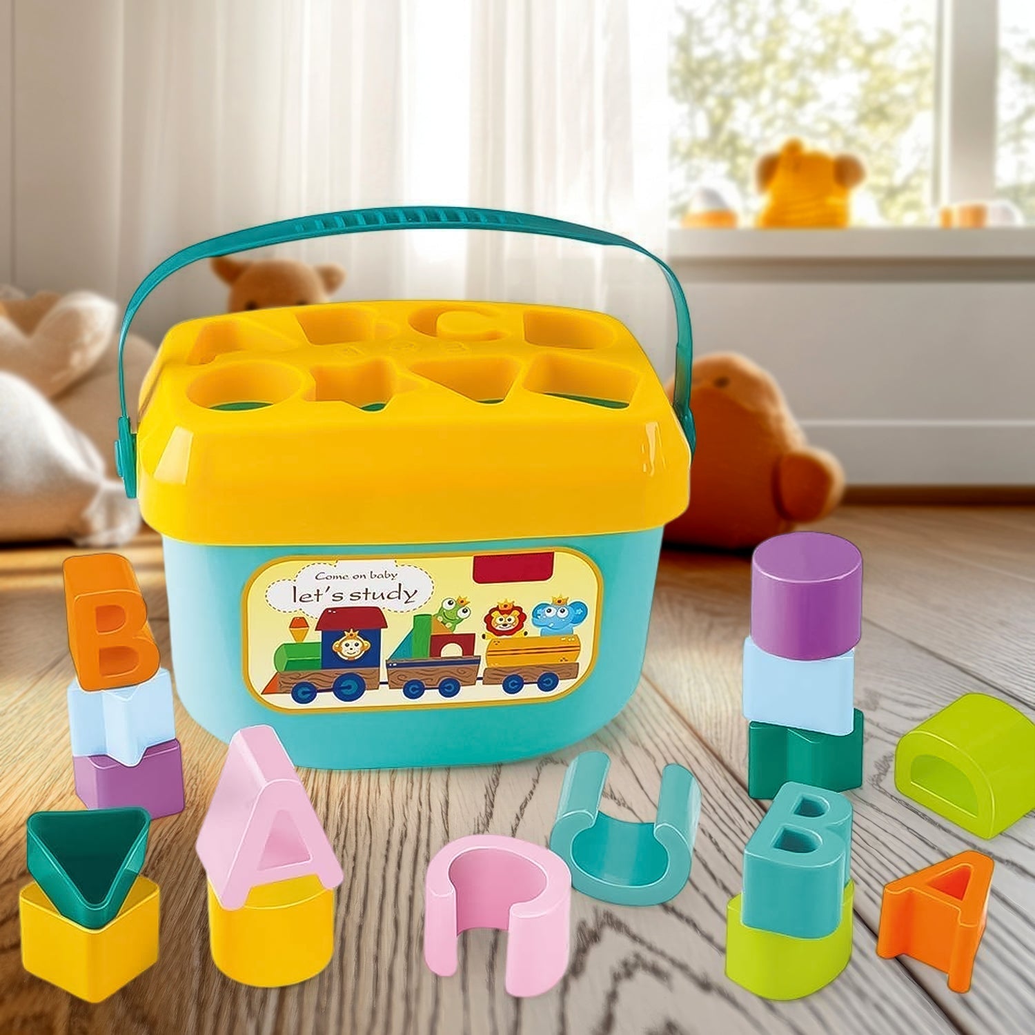 Toddler playing with a multicolor Baby Shape Sorter Toy, learning geometric shapes.