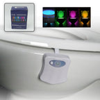 Motion-activated LED Toilet Bowl Light illuminating a toilet with a blue glow.