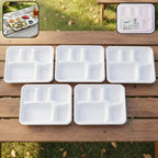 Eco-friendly compostable 5 compartment bagasse meal tray in natural off-white shade