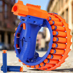 Close-up view of the Action Legion electric toy gun's barrel and soft EVA darts.
