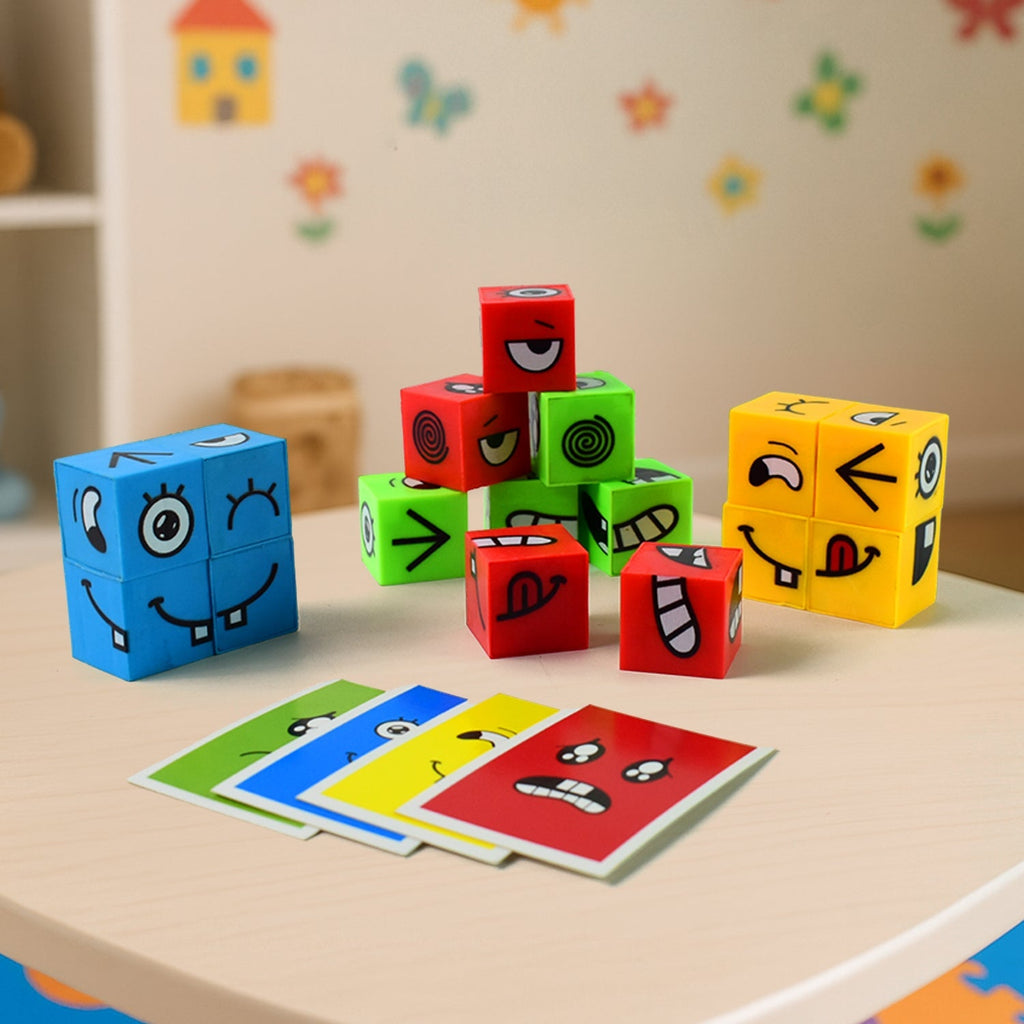 Educational emotion puzzle cube with colorful face expression blocks