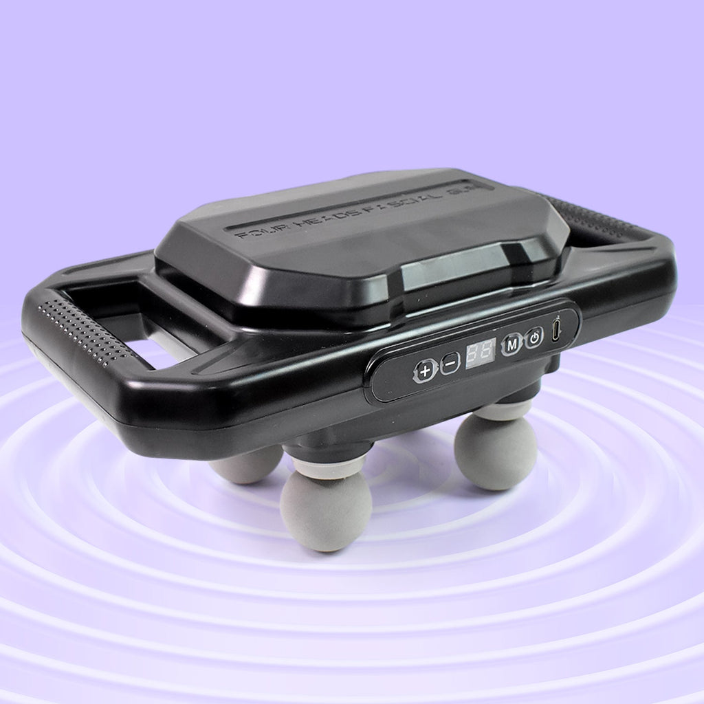Handheld Deep Tissue Massage Gun with four heads in a mixed color finish.