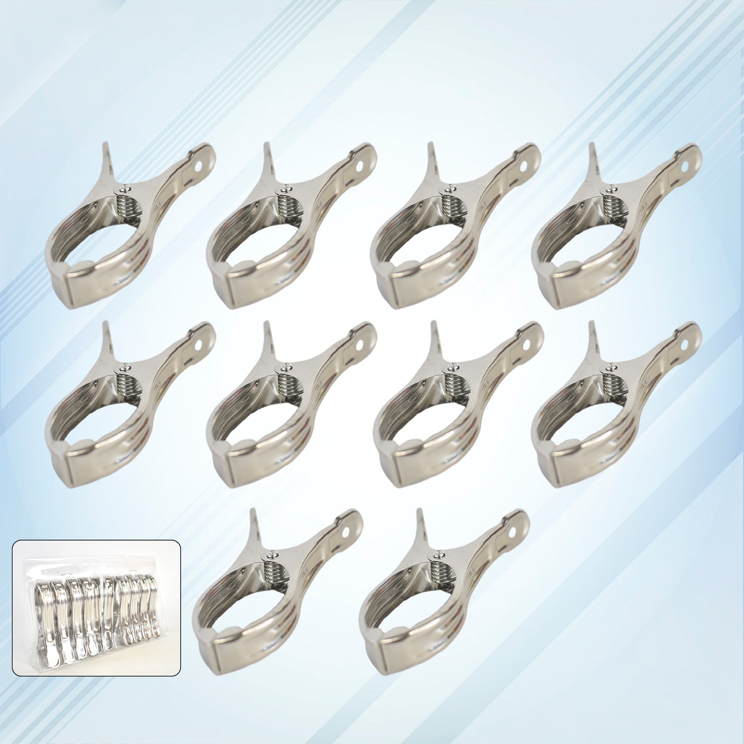 Stainless steel clothespins holding clothes firmly on a line against the wind.