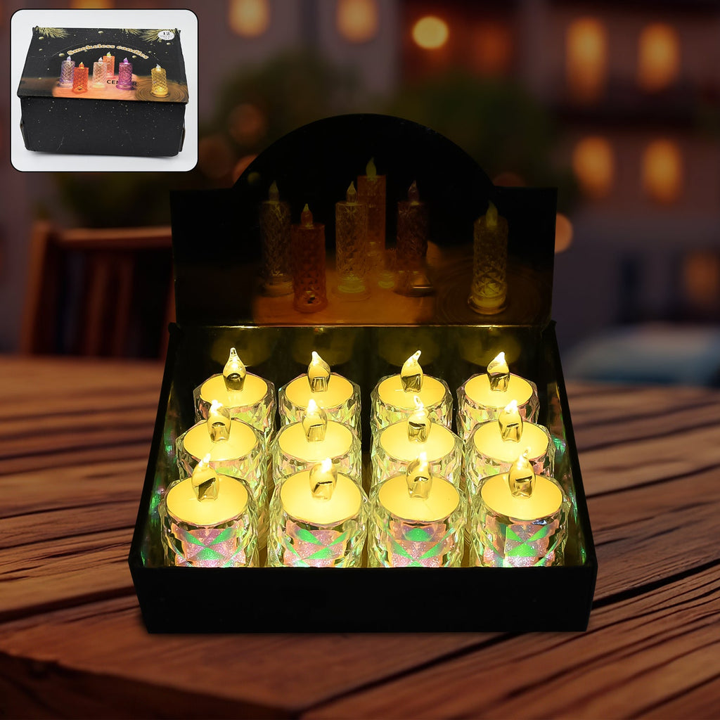 A dozen LED tealight candles arranged to create a warm, inviting glow for festive Indian decor.