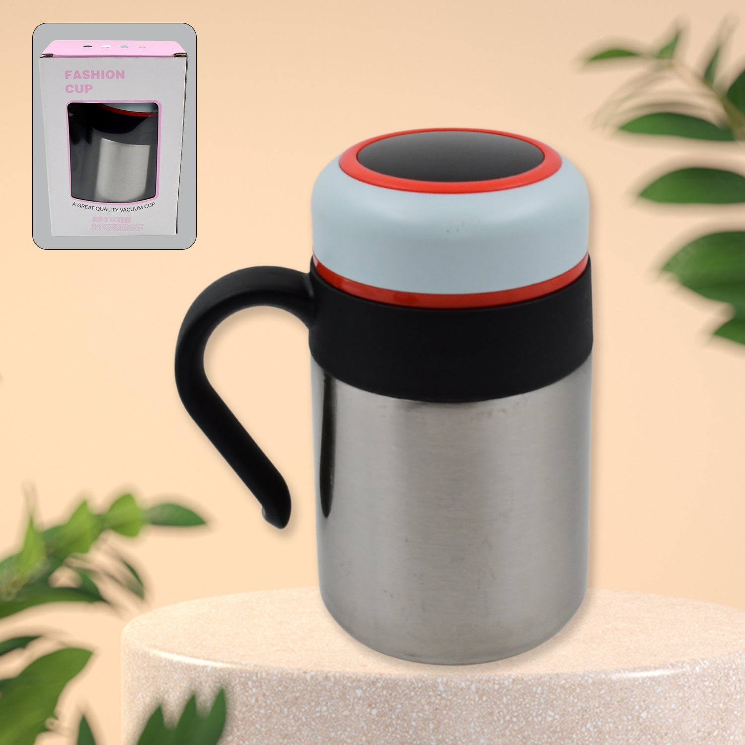 Bottlart stainless steel vacuum insulated mug with handle.