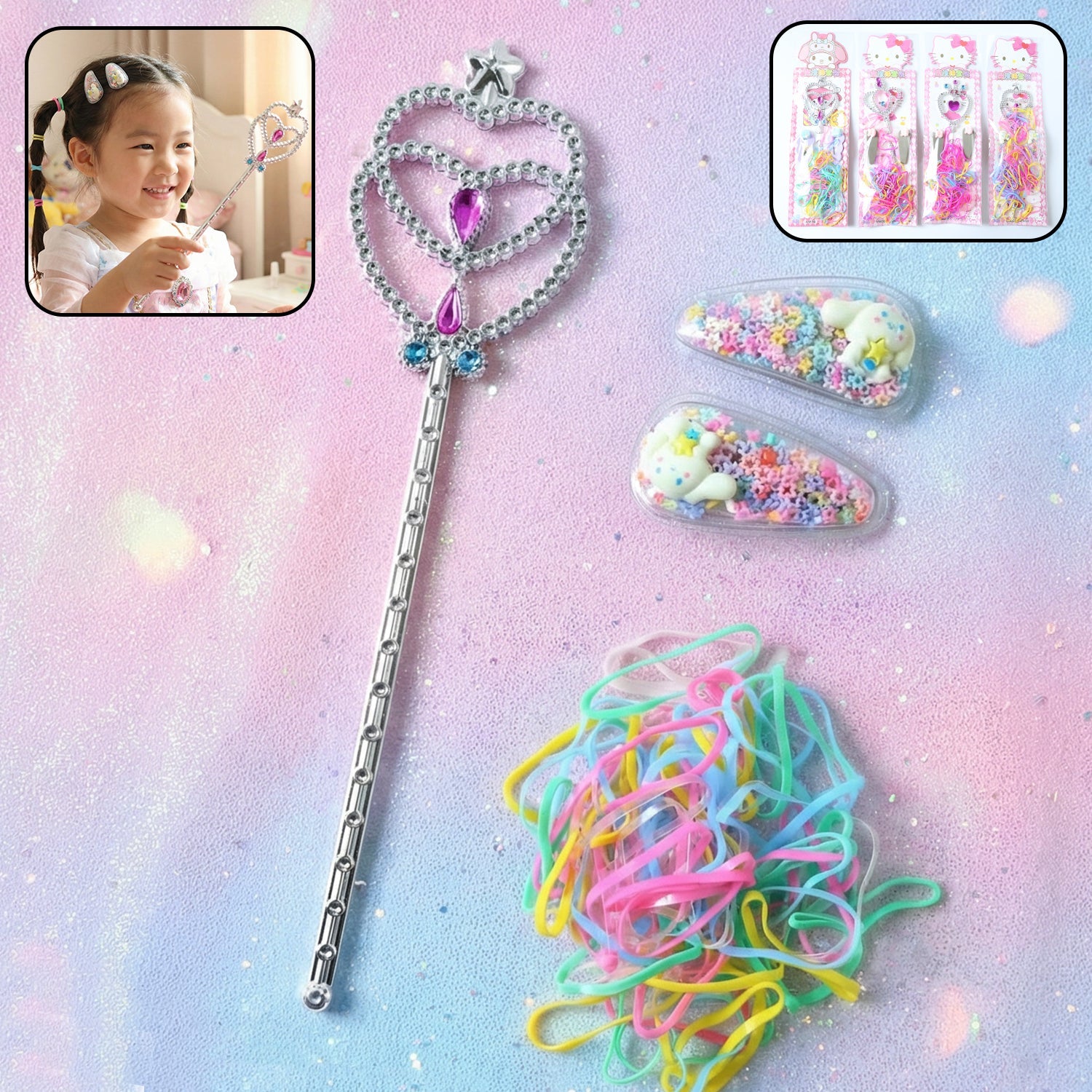 Princess-themed girls hair accessories kit with colourful clips and bands