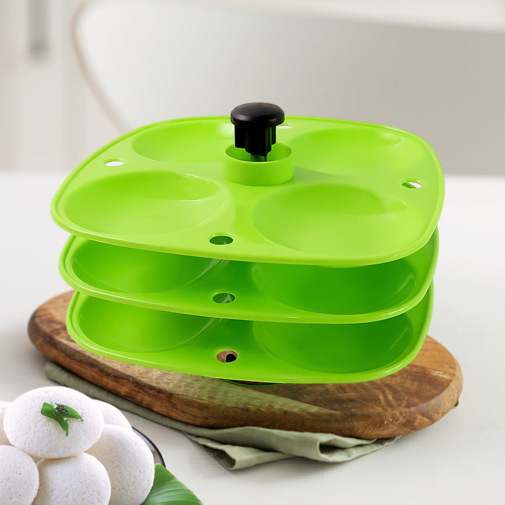 Front view of the 3 Layer Idli Stand, ready for easy idli making.