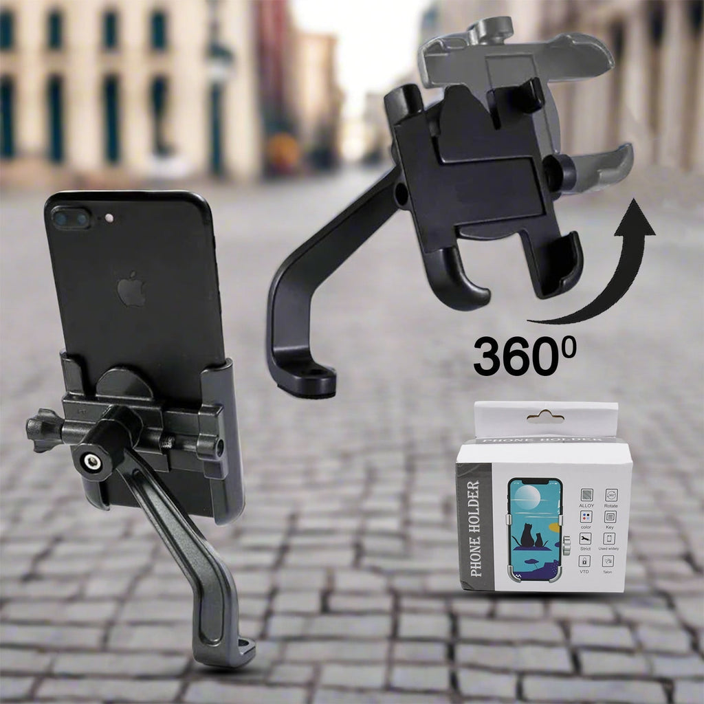 Detailed view of the aluminum alloy construction of the bike mobile holder.