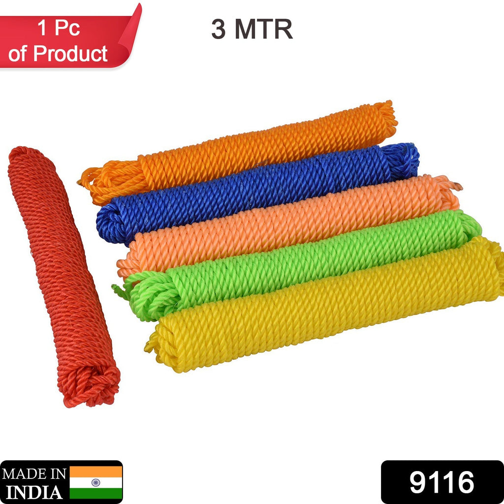 Close-up view of the durable, multi-colored nylon clothesline material.