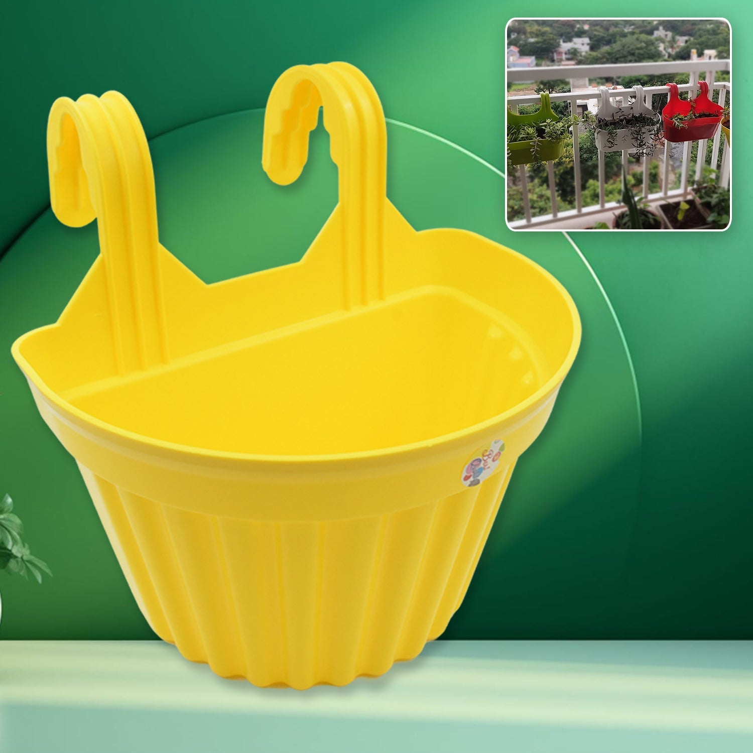 Empty multicolor plastic hanging planter ready for planting.