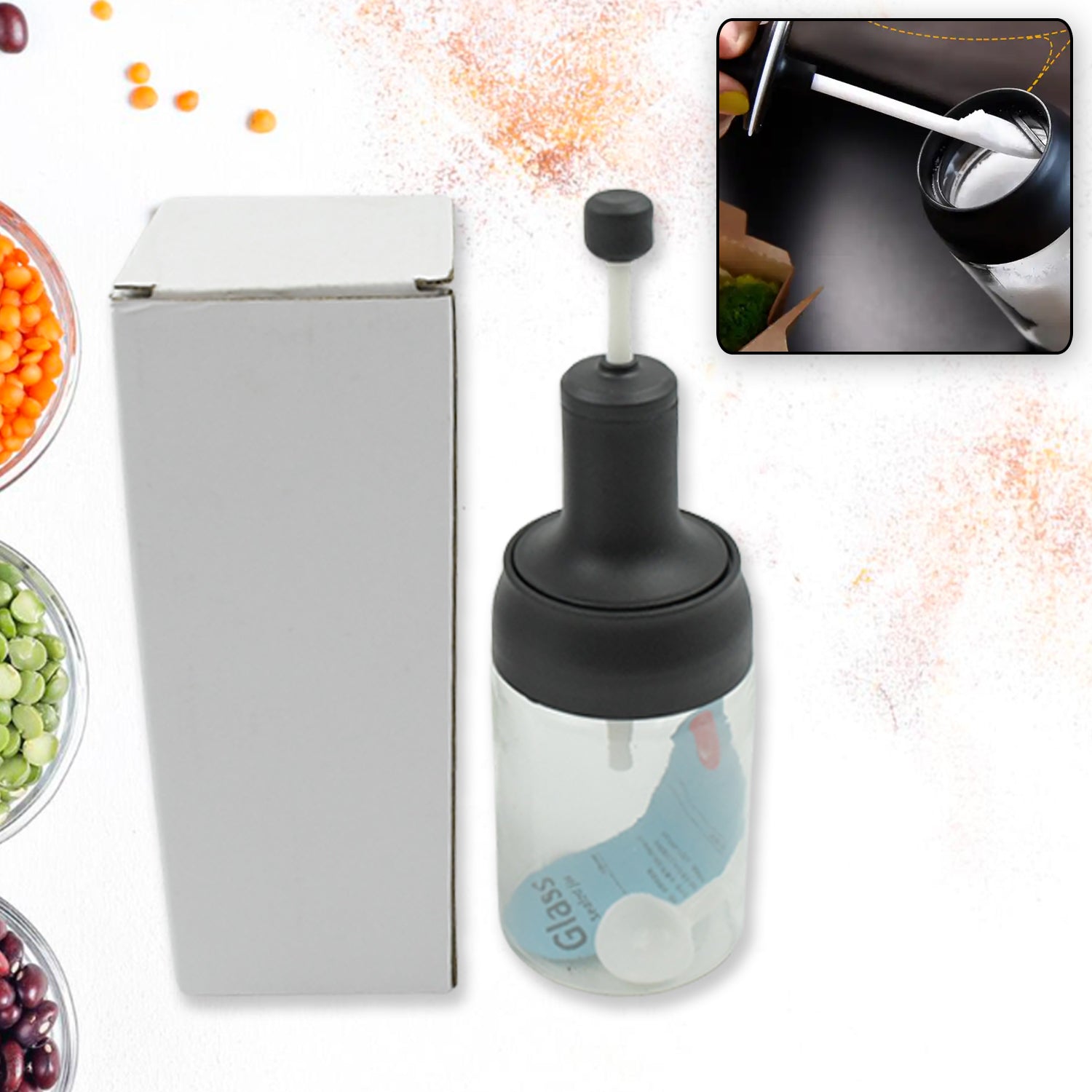 Multiple Heat-Resistant Glass Seasoning Jars arranged for kitchen storage.