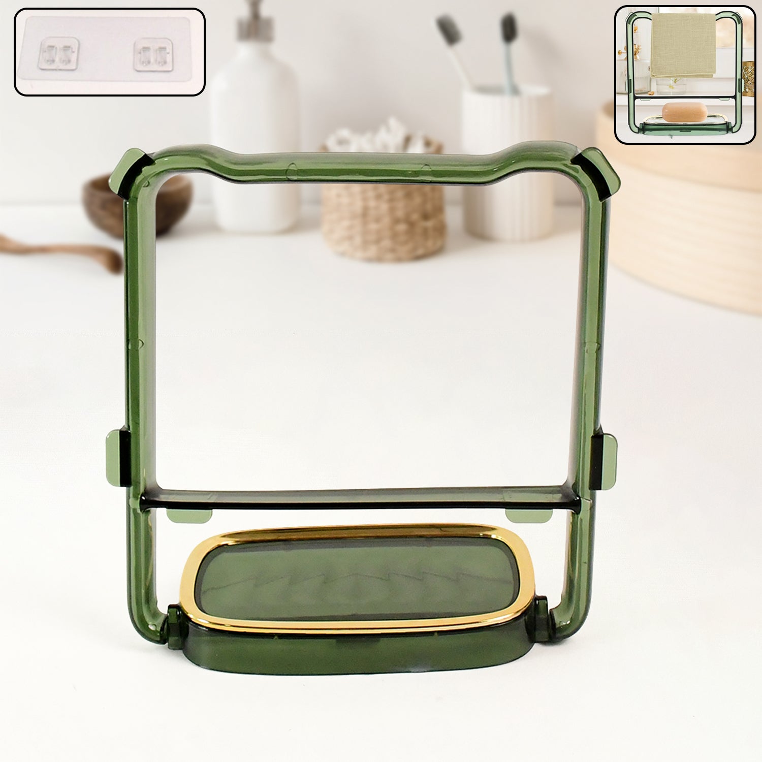 Durable ABS plastic dual bathroom rack with self-adhesive backing