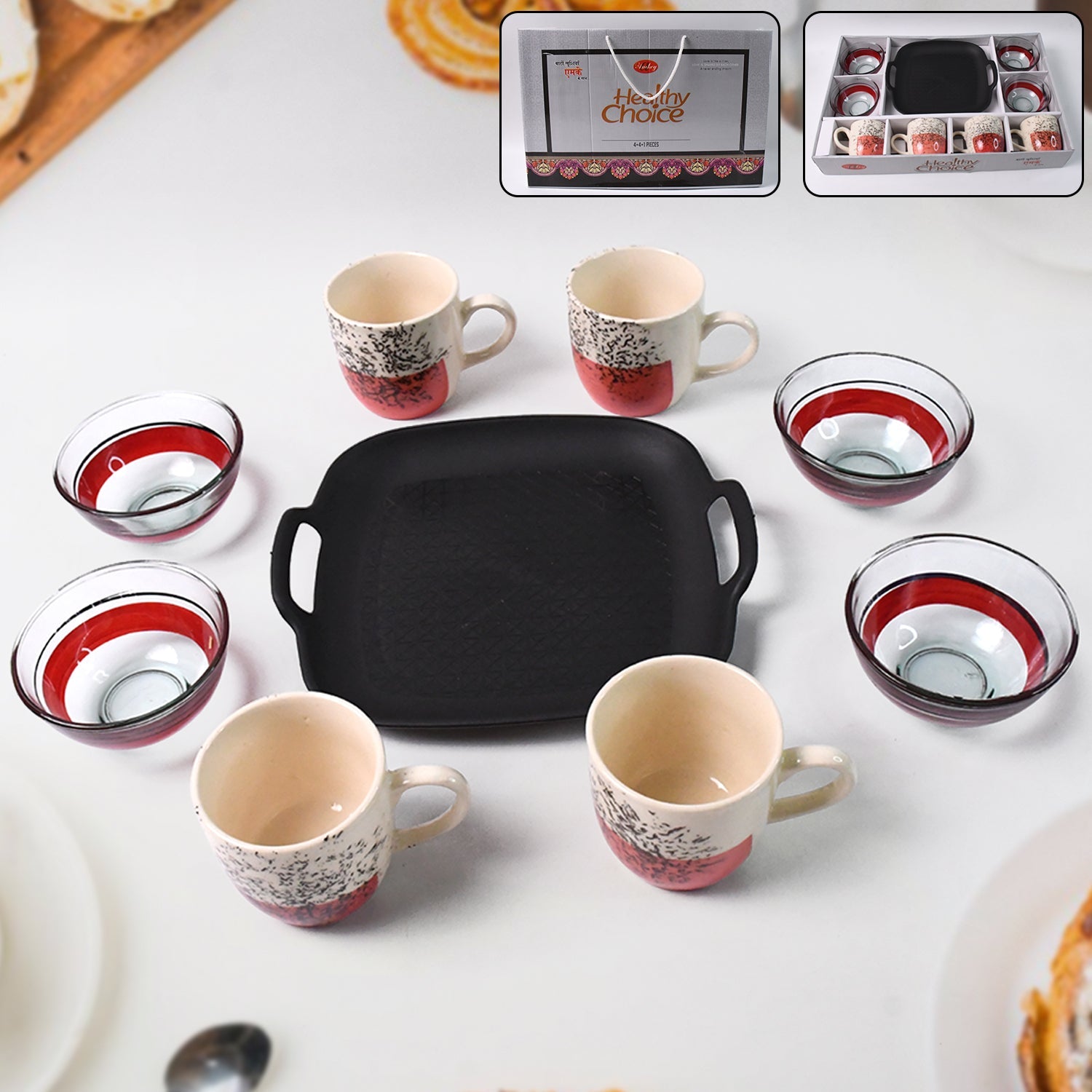 Ceramic cup and glass bowl set with plastic plate on table