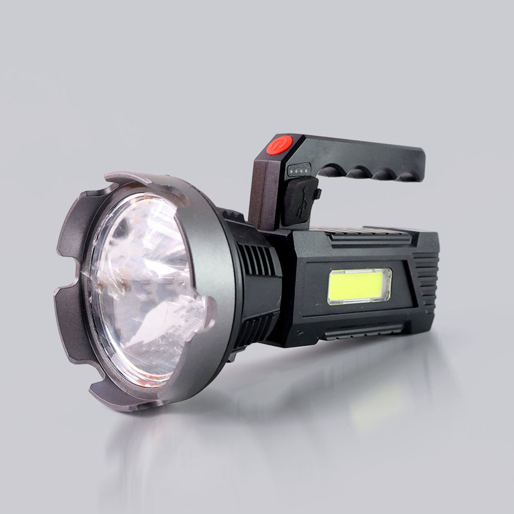 Rechargeable USB LED hand torch featuring front LED beam and COB side light