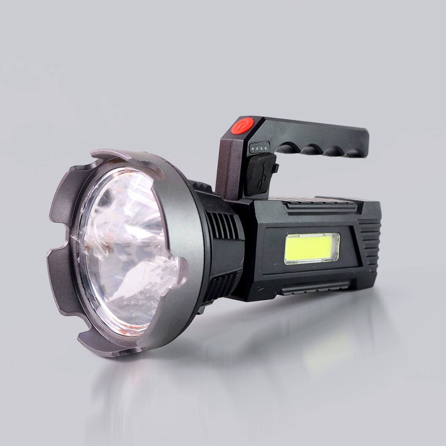 Rechargeable USB LED hand torch featuring front LED beam and COB side light