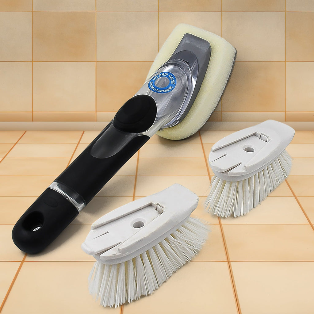 Soap Dispensing Dish Brush set with handle and two refill heads for efficient kitchen cleaning.