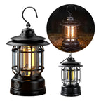 Classic retro rechargeable LED camping lantern casting a warm, inviting glow.