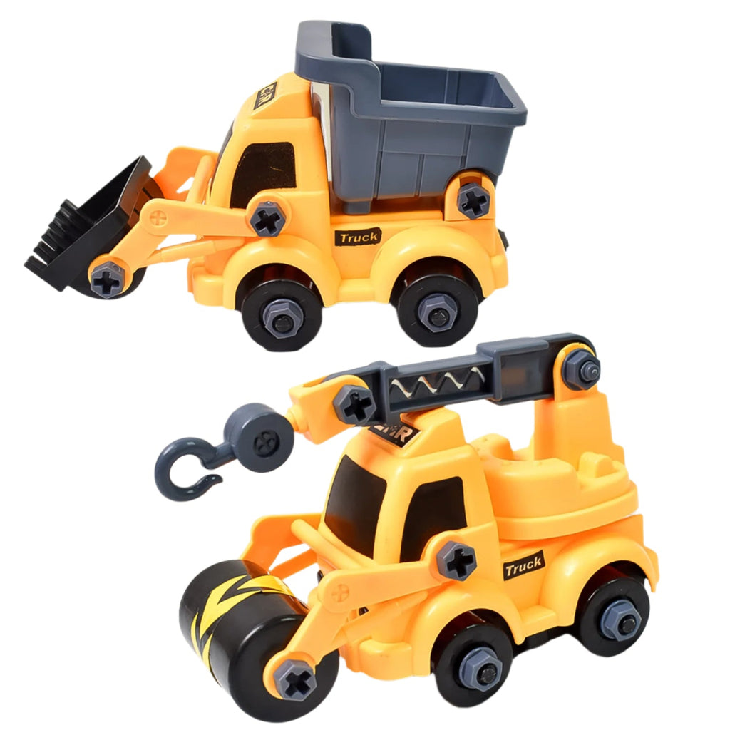 A yellow construction vehicle from the nut assembly kit, partially assembled.