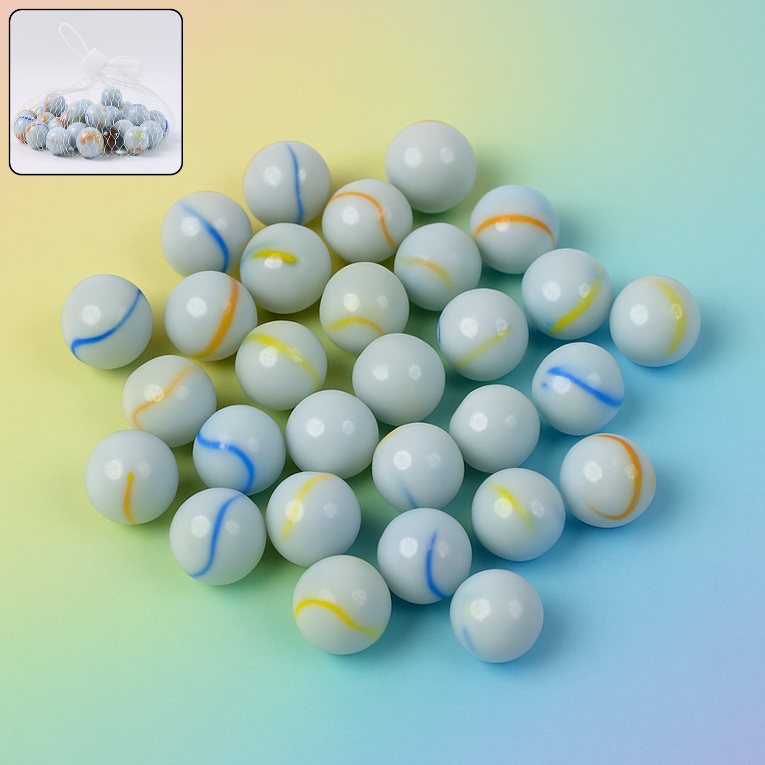 Classic white glass marbles with vibrant yellow, blue, and orange swirls