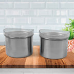 Two 500ml airtight stainless steel containers with clear, transparent lids for food storage.