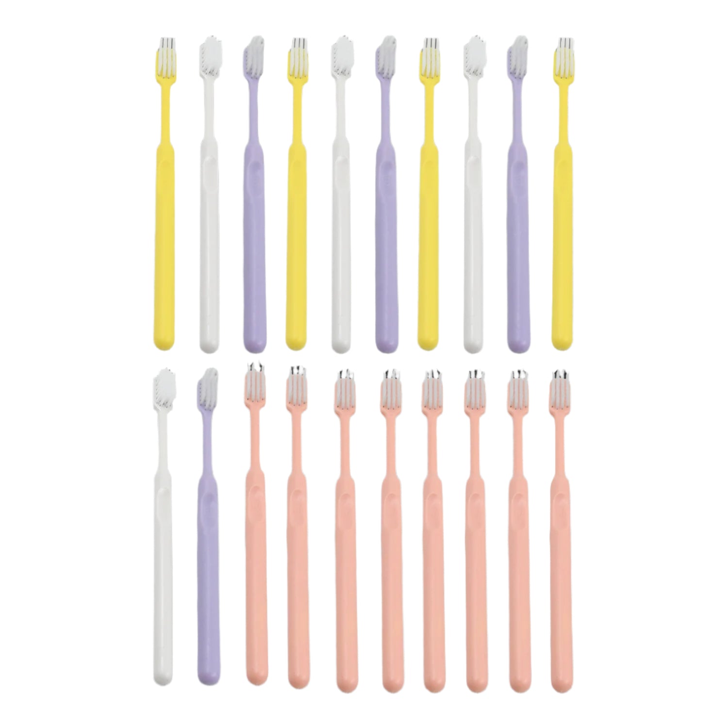 Close-up view of the colorful soft plastic toothbrushes from the 20-piece set, highlighting their gentle bristles.
