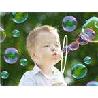 Clear bottle of Bubble Gun Liquid Refill, showing transparent bubble solution.