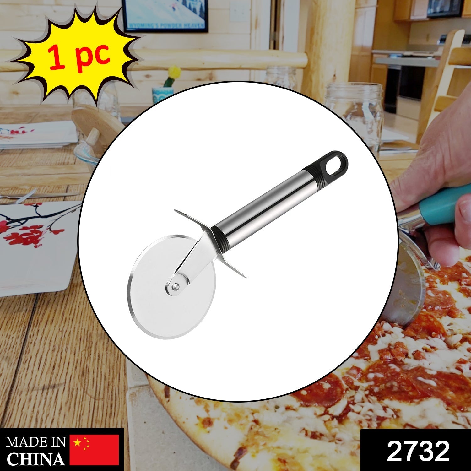 Sharp wheel of the Stainless Steel Pizza Cutter ready to slice through dough.