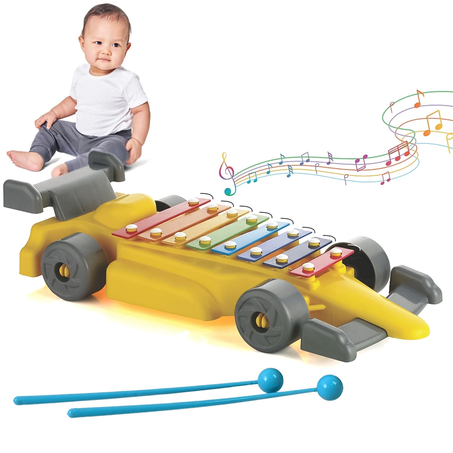 Vibrant Kids Musical Car Xylophone toy with a mallet, ready for play.