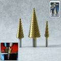 Complete 3-piece HSS steel step drill bit set with titanium coating for versatile drilling.