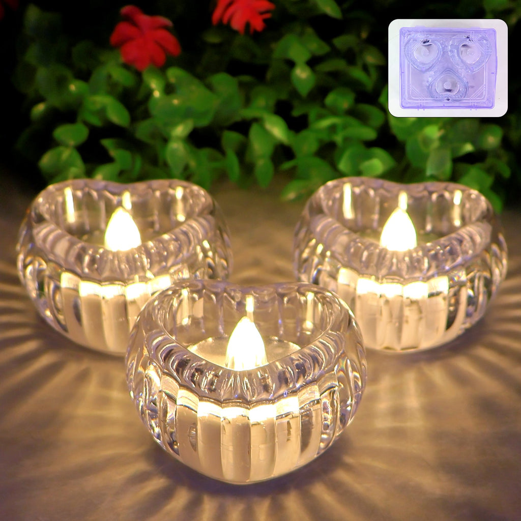 Set of 3 heart-shaped LED flameless decorative candles with crystal-effect design