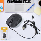 Black Compshop Wired Optical Mouse M-022 with USB cable on a desk.