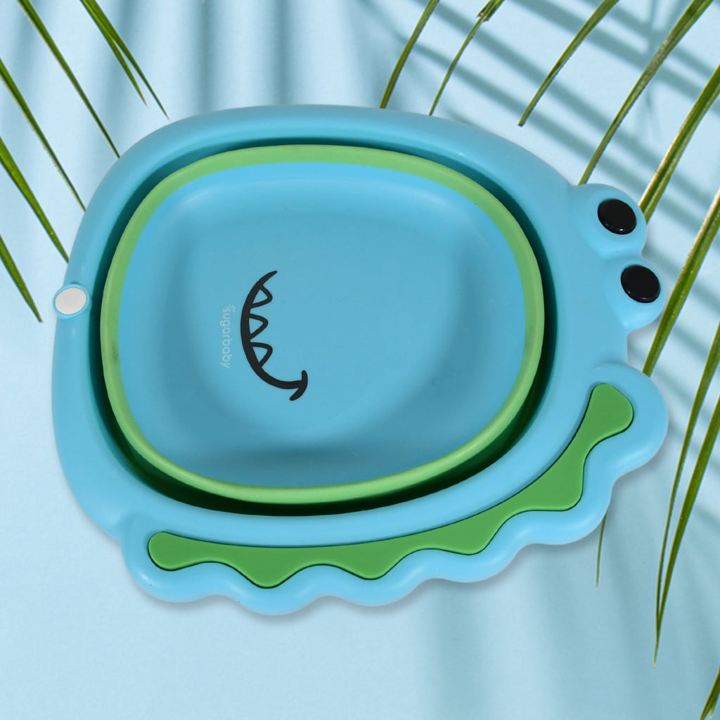 The foldable baby wash basin used to conveniently store baby toiletries and essentials.