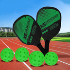 Two lightweight composite pickleball paddles paired with four perforated hard plastic balls