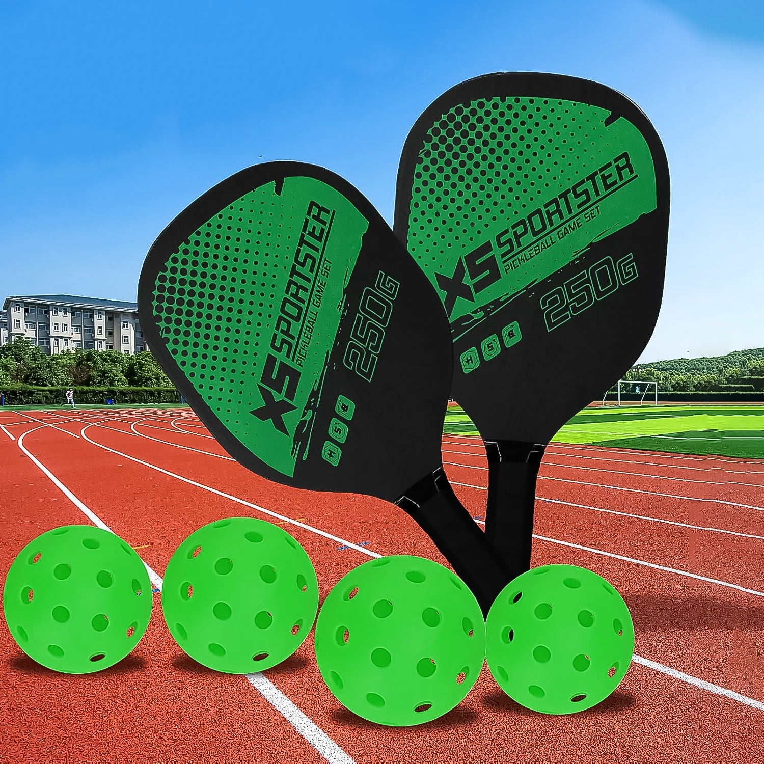 Two lightweight composite pickleball paddles paired with four perforated hard plastic balls