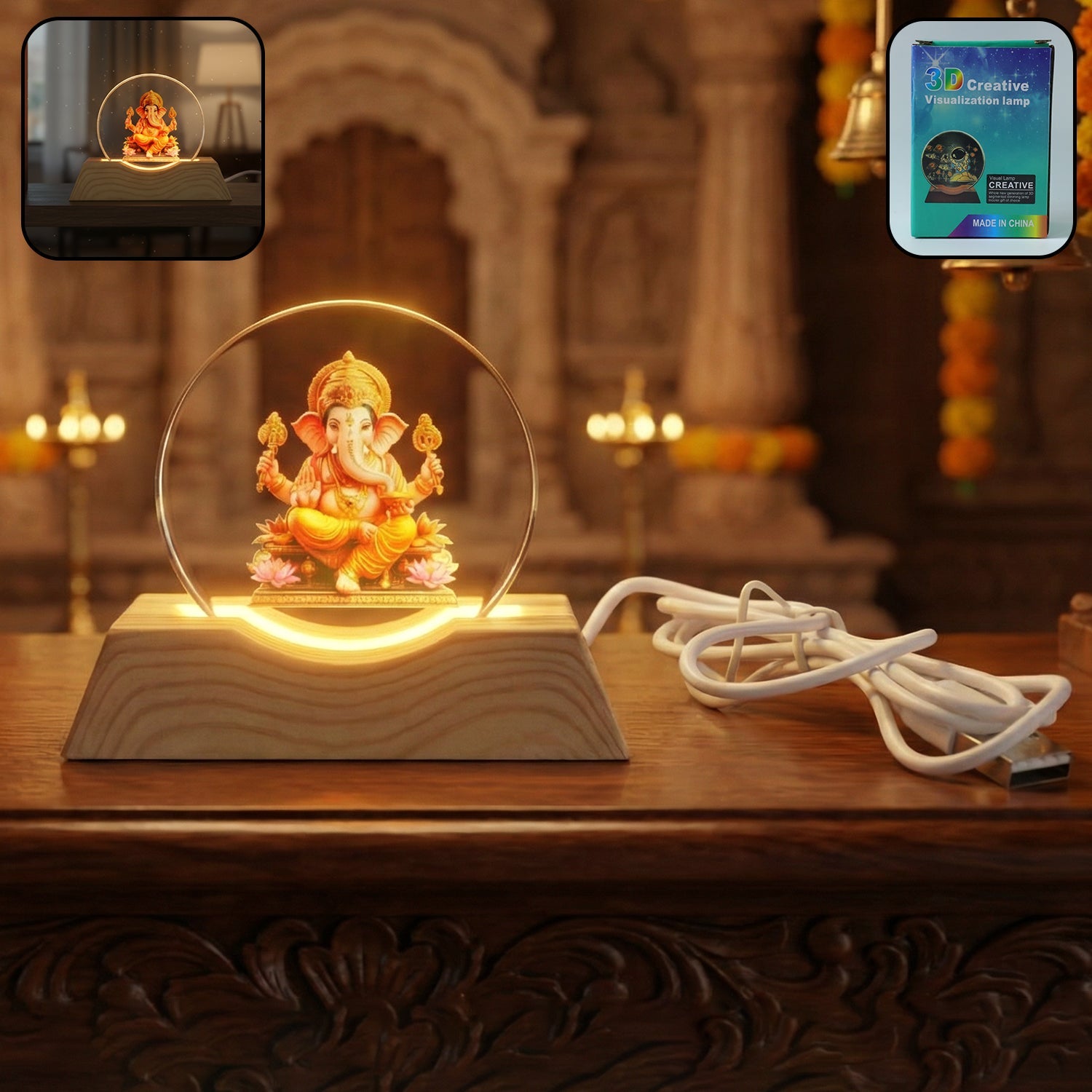3D Lord Ganesha acrylic LED night lamp with wooden base on table