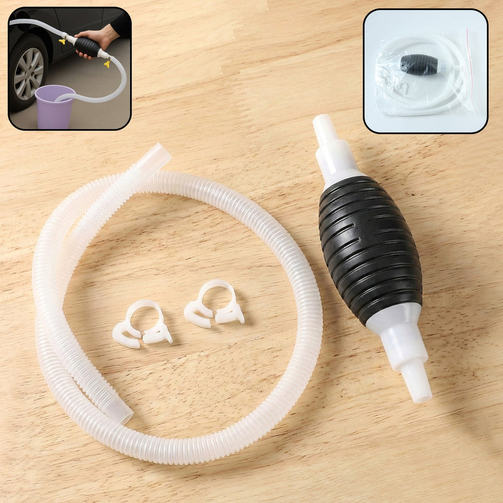 Manual liquid transfer pump set with flexible pipe and hand squeeze bulb