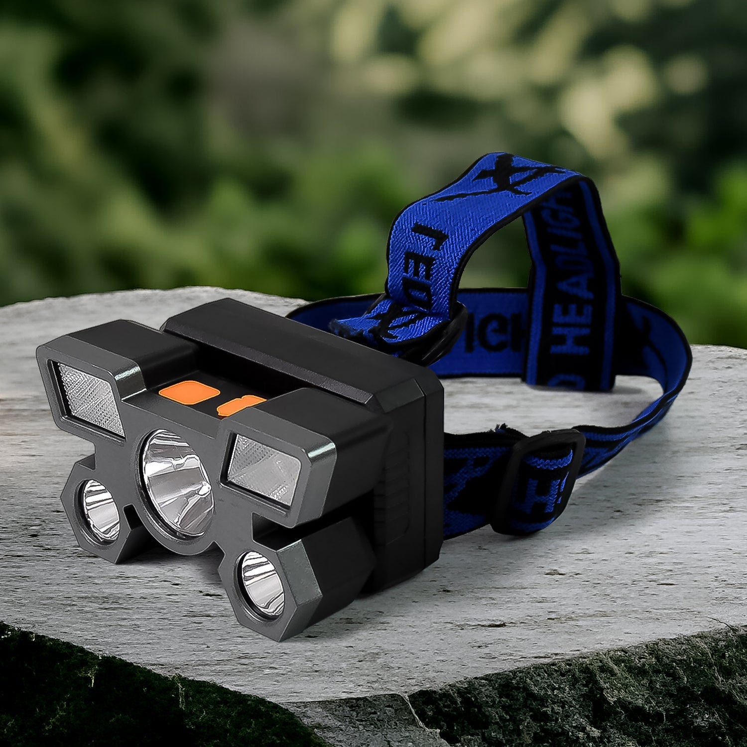 Front view of the Indo Glow USB Rechargeable Headlamp with 5 bright LEDs.