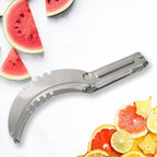 Stainless steel watermelon slicer effortlessly cutting a fresh watermelon.
