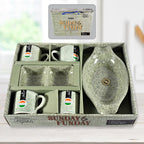 A complete six-piece Ceramic Snack & Tea Set from Serve Stellar, featuring four ceramic cups, a snack platter, and a two-compartment chutney bowl.
