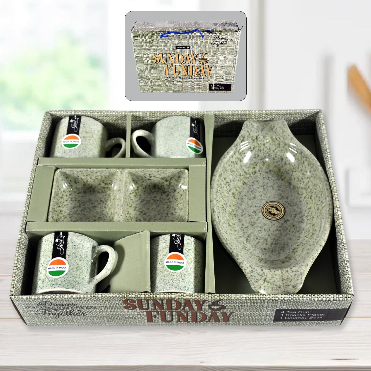 A complete six-piece Ceramic Snack & Tea Set from Serve Stellar, featuring four ceramic cups, a snack platter, and a two-compartment chutney bowl.