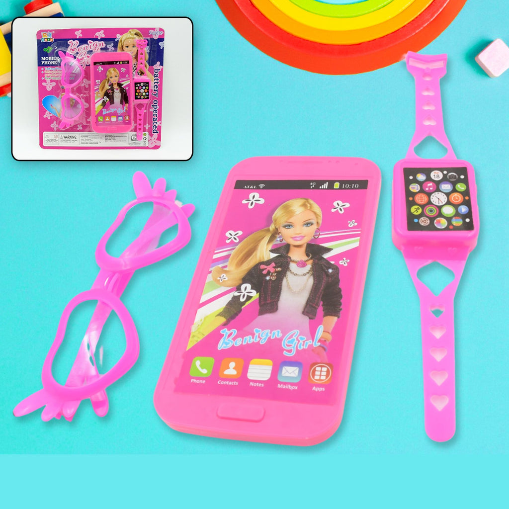 A Barbie musical phone play set featuring a pink toy phone, watch, and glasses on a white background.