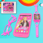 A Barbie musical phone play set featuring a pink toy phone, watch, and glasses on a white background.