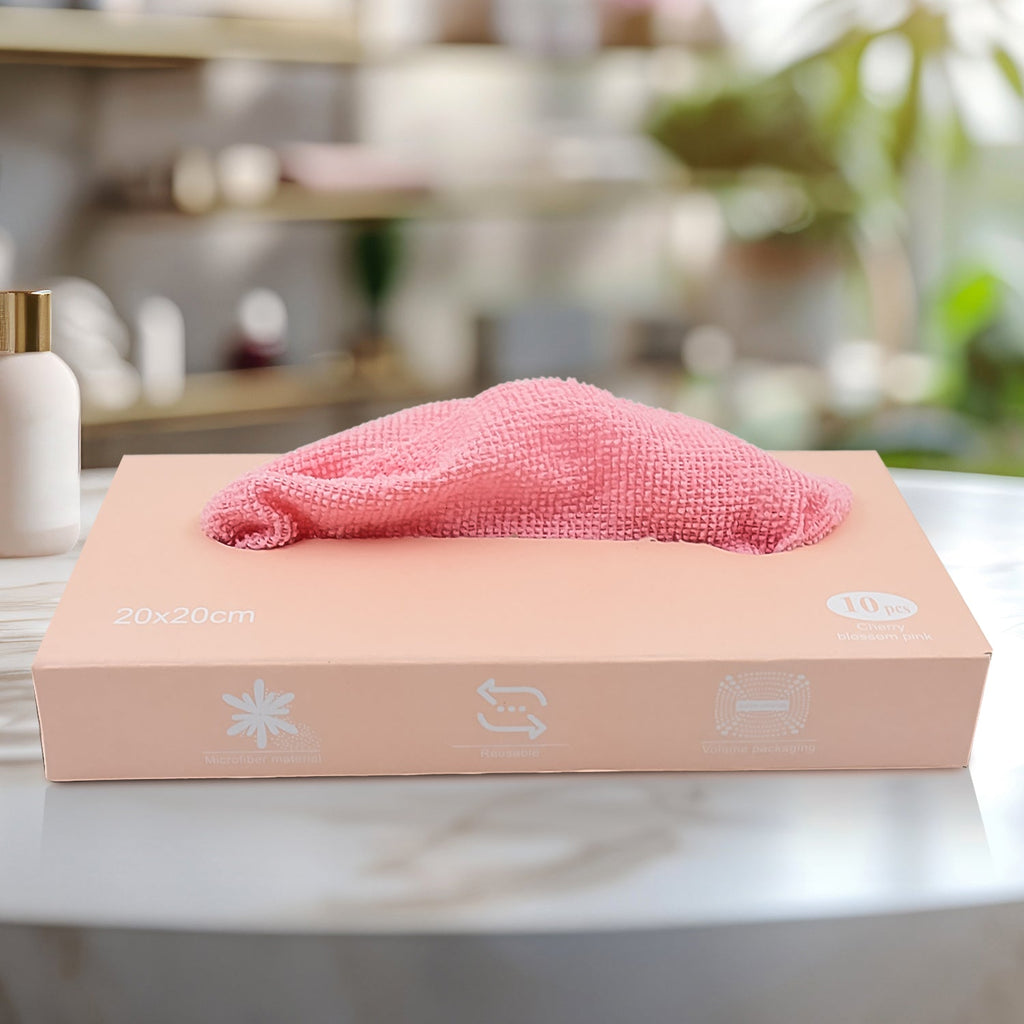 10-piece microfiber cleaning cloth set in its convenient pull-out box packaging.
