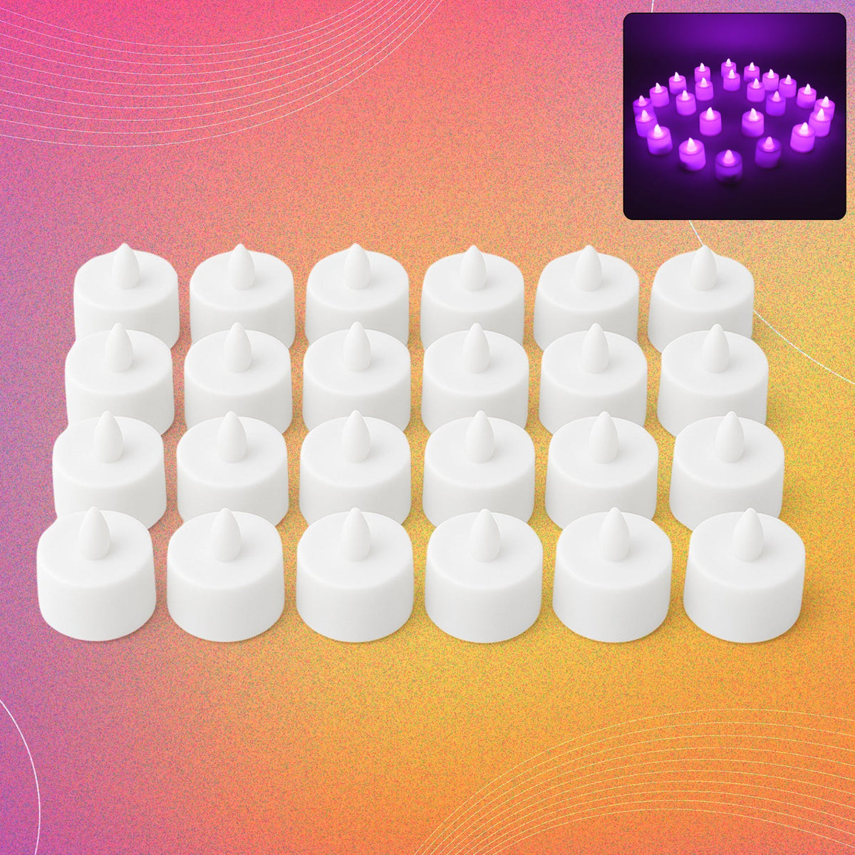 Group of warm white flameless LED tealights on a wooden surface.