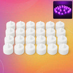 Group of warm white flameless LED tealights on a wooden surface.