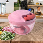 Hand-pull vegetable chopper showing triple stainless steel blades and 500ml container