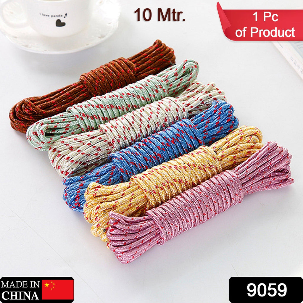 Strong 10-meter clothesline rope extended for outdoor drying.