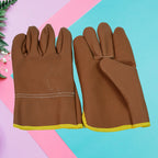 Pair of heavy-duty thorn-proof gardening gloves made from brown leather.