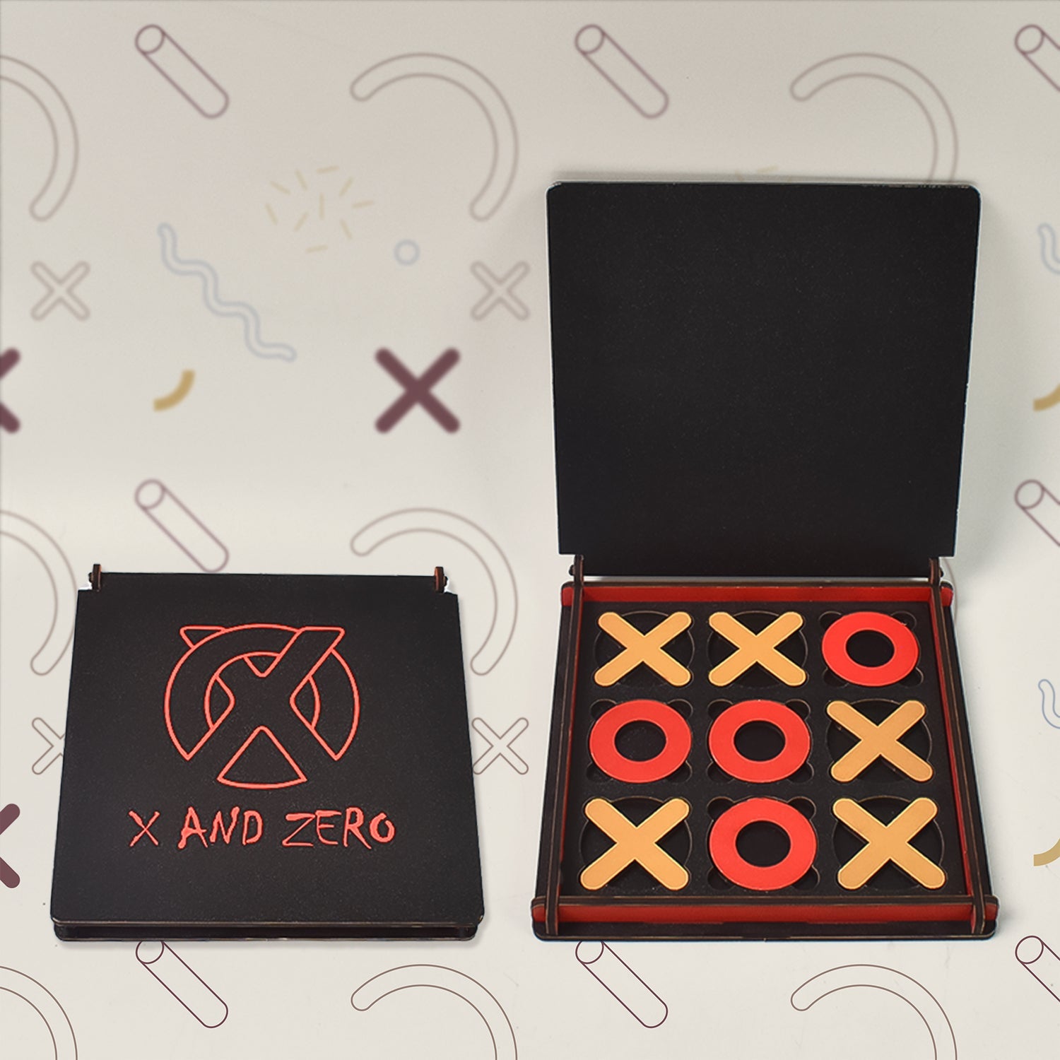 Classic Tic Tac Toe wooden game set with X and O pieces on a natural wood board.